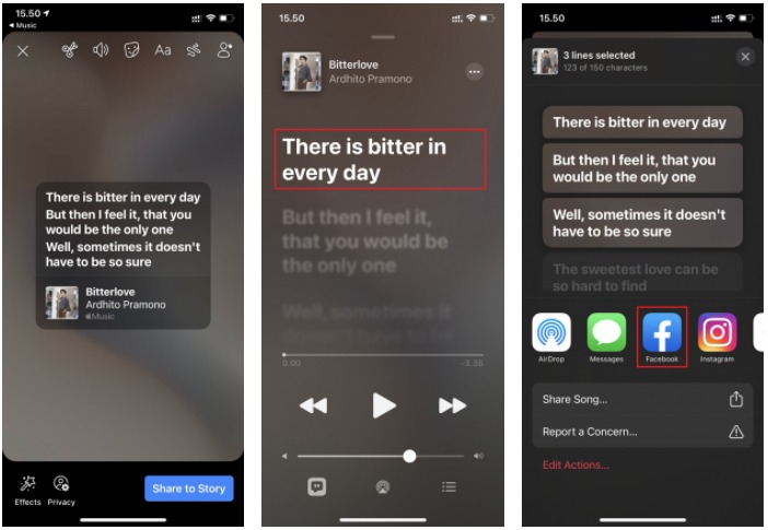 How To Share Lyrics from Apple Music to Facebook Stories